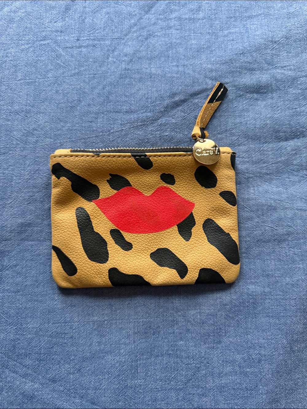 Clare V Mustard Leopard Lip Zip Pouch with Red Graphic
